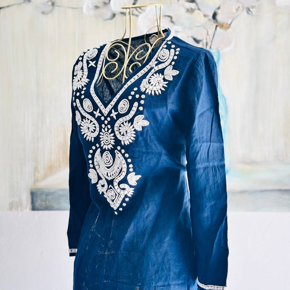 Charter Club Luxury Navy Linen Beaded Tunic Top Size S Boho Embellished - Picture 7 of 8
